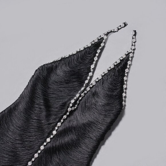 LUXE Rhinestone Fringe Bandage Gown - Black Halter Neck & Sparkle Evening Dress - Picture 5 of 11